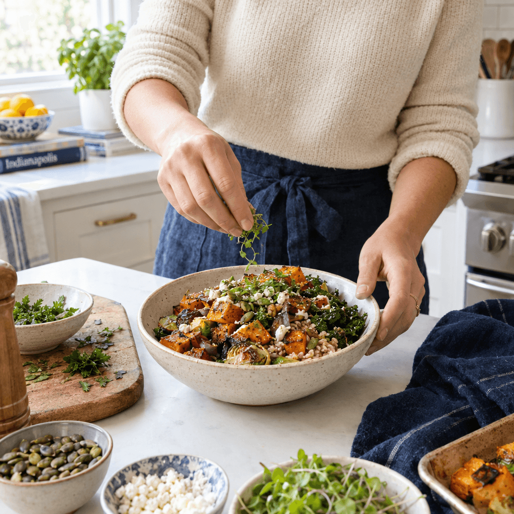 A home cook finishing a colorful bowl of vegetables and grains.