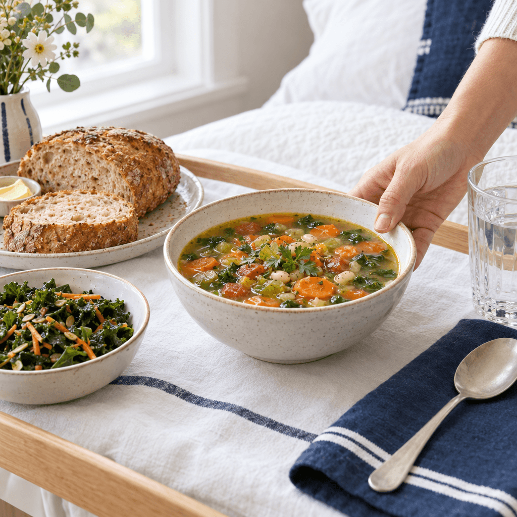 A comforting bowl of homemade soup set out at home.