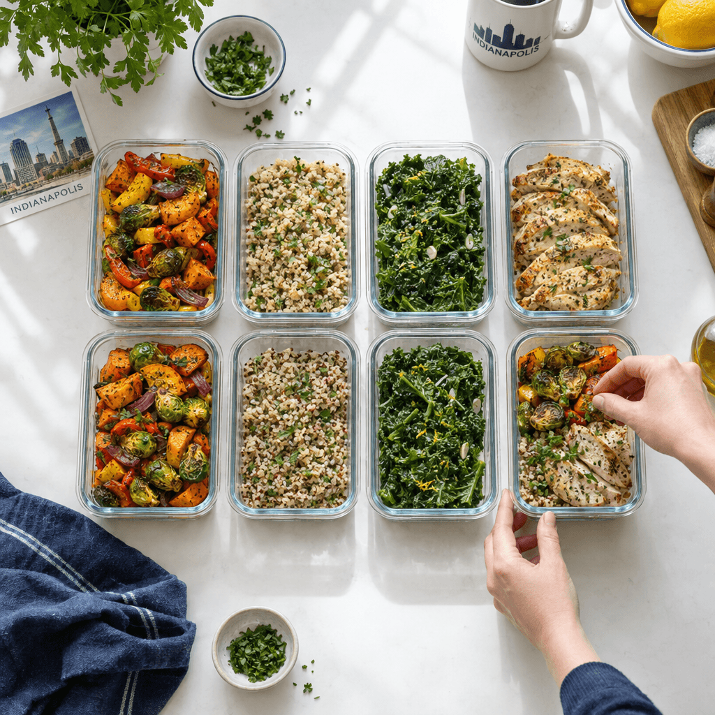 A home cook arranging colorful prepared meals on a kitchen counter.