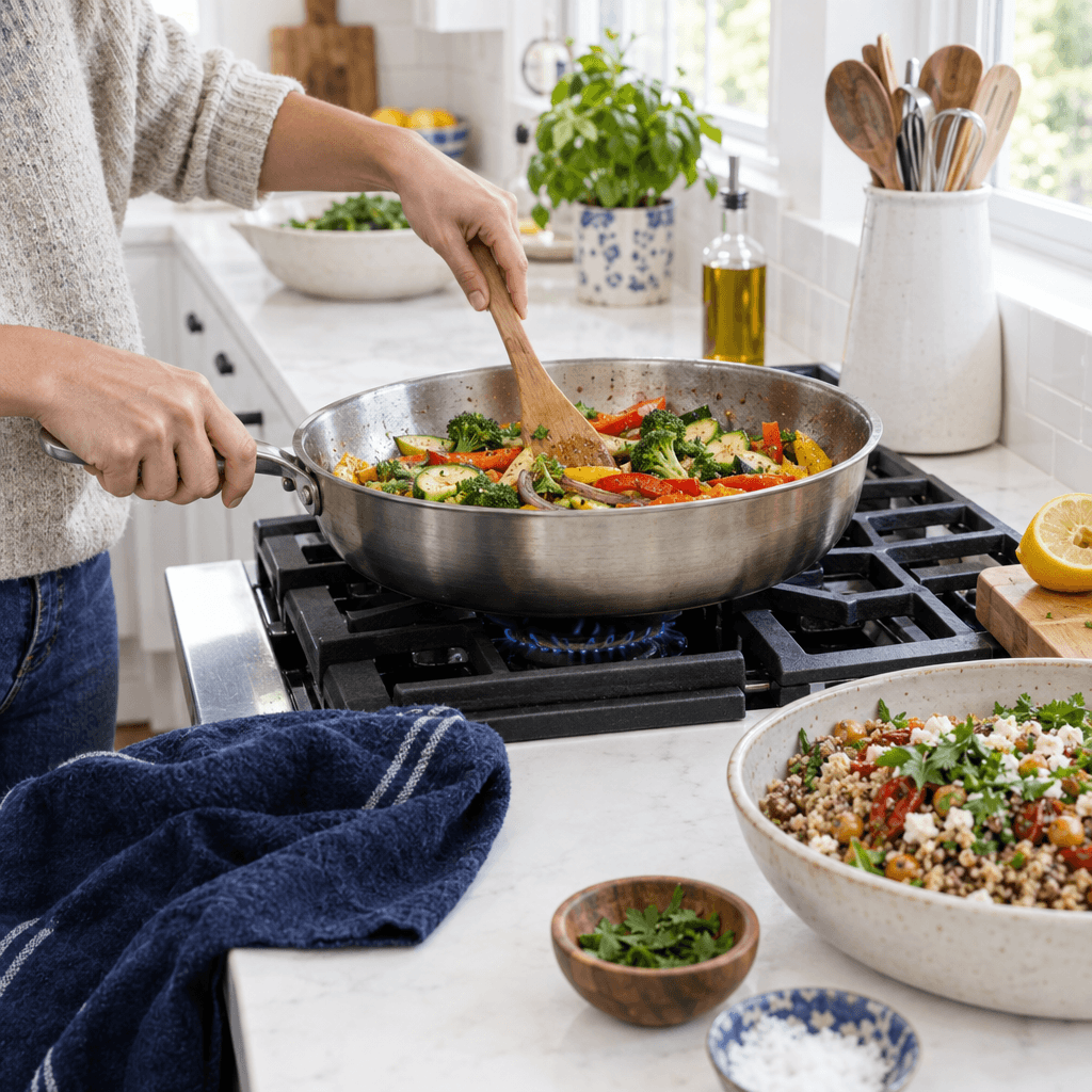 A home cook stirring vegetables in a bright kitchen.