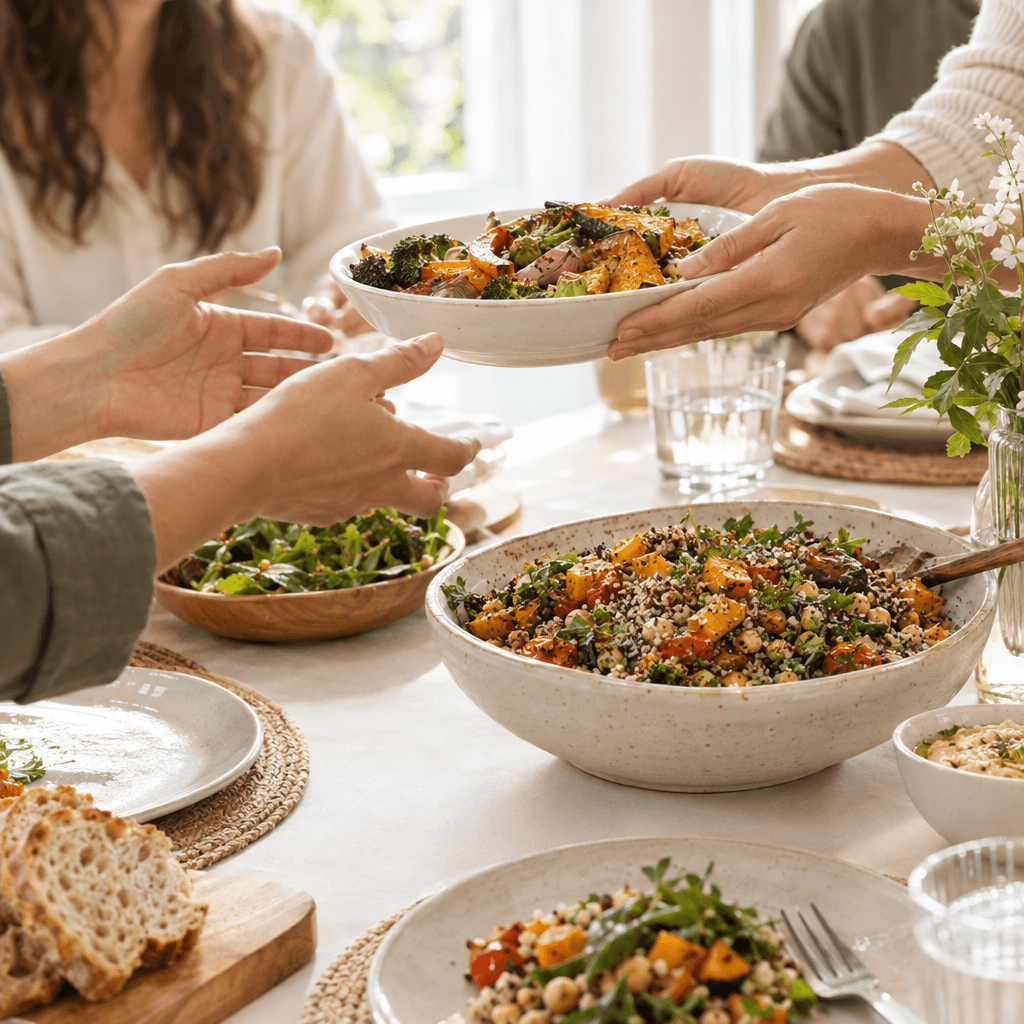 A shared home meal with a serving bowl at the center of the table.